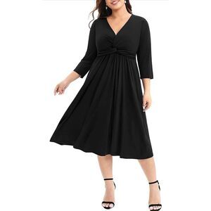 NEW Pinup Twist Knot Front V Neck 3/4 Sleeve A-line Midi Dress 14w